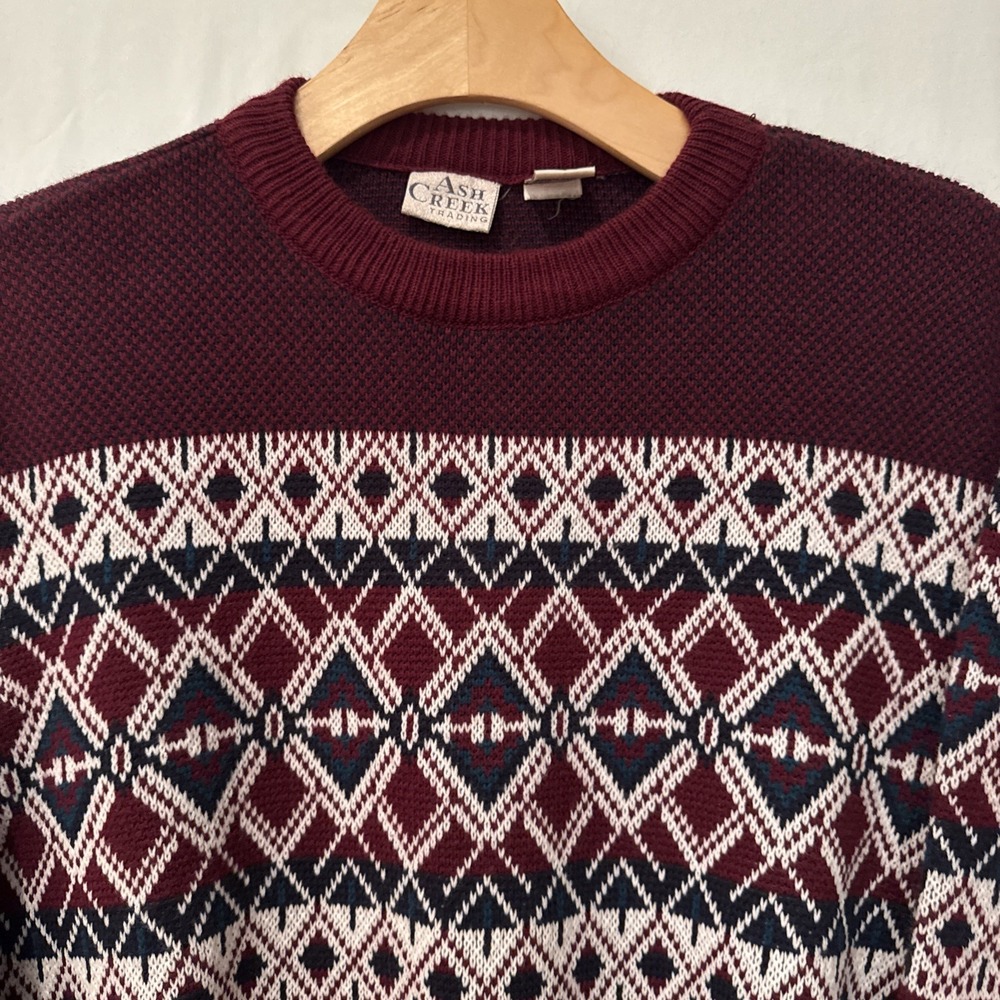 Vintage Sweater Mens M Burgandy/Navy Fair Isle Ash Creek Trading